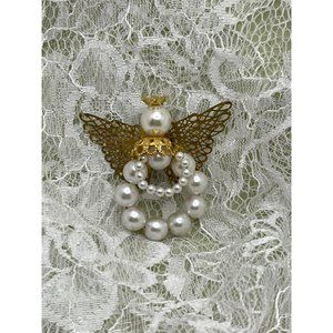 Vintage Faux Pearl and Gold Tone Angel Brooch Pin